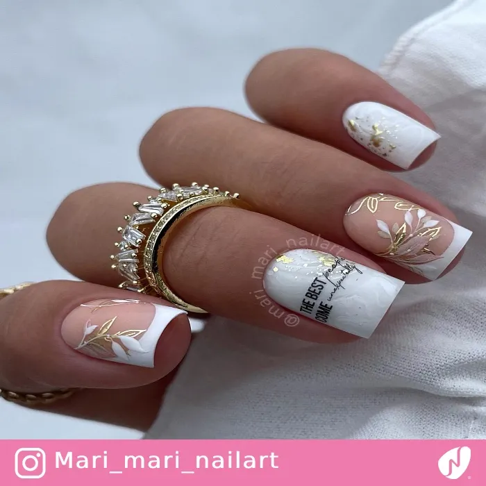 White and Gold Floral Nail Art
